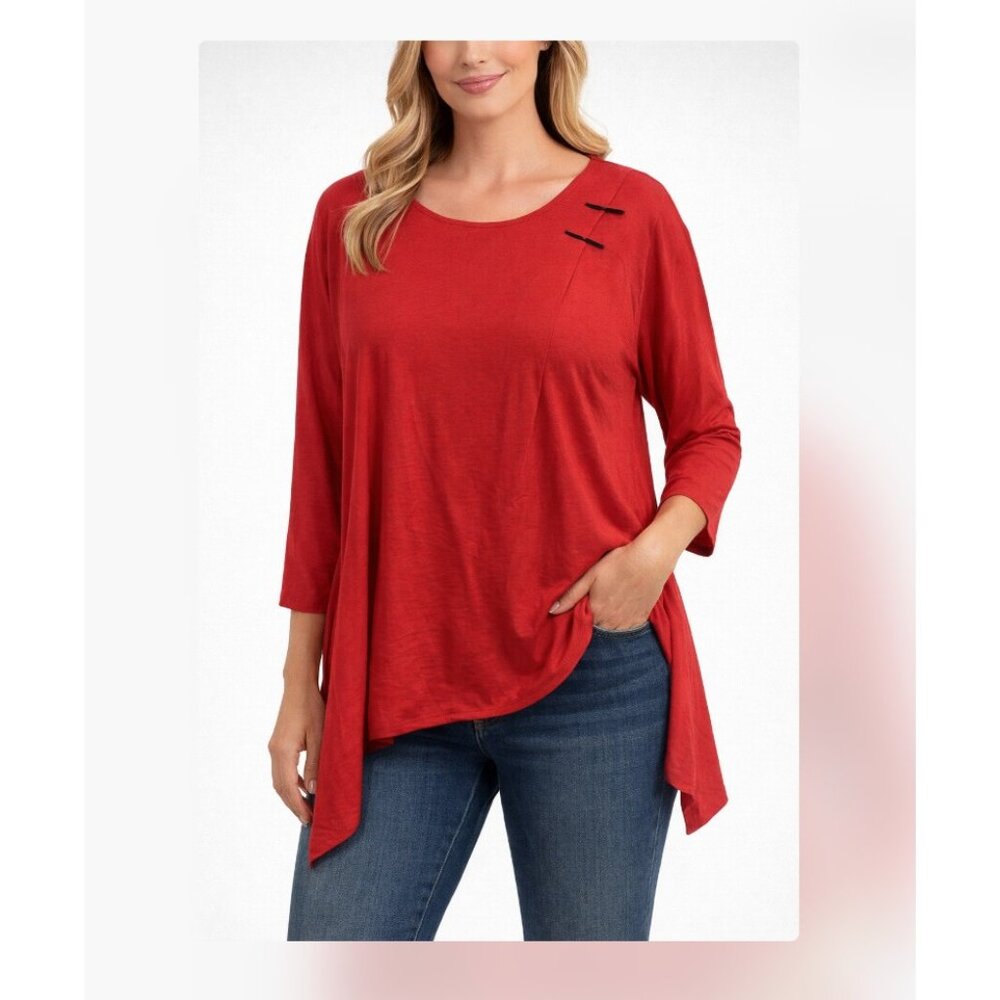 IC By Connie K Tunic Shirt Womens XL Red Asymmetrical Hem 3/4 Sleeve Top Blouse